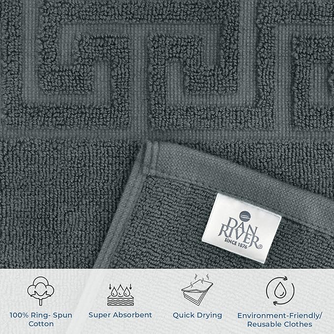 DAN RIVER Greek Bath Mat - Grey, 100% Ring Spun Cotton, Pack of 2, 20x32 inches, 800 GSM, Non-Slip, Absorbent, Quick Drying, Machine Washable Bathroom Floor Mats for Shower, Kitchen & Bath