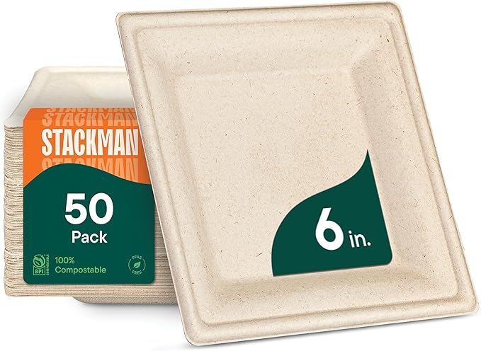 100% Compostable Square Paper Plates [50-Pack] - {PFAS-Free} - {BPI Certified} - [6 Inch] Heavy Duty, Eco-Friendly, Biodegradable Bagasse Dinner Plates - Natural Brown 6" Plate by Stack Man