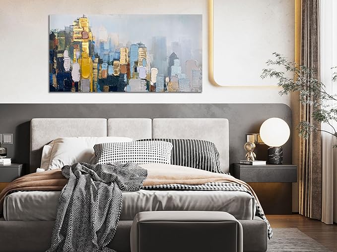 Arjun Abstract Wall Art 3D Textured Skyline Canvas Painting Gold Grey Colorful Modern Cityscape Metropolitan Picture City Artwork Framed Large for Living Room Bedroom Bathroom Home Office Wall Decor