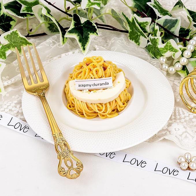 30PCS Gold Plastic Forks - 8.1inch Gold Forks Disposable - Vintage Heavy Duty Dessert Forks - Premium Fancy Plastic Silverware for Parties, Weddings, Dinners and Events