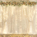 10x10ft Ivory Chiffon Backdrop Curtain with Lights String for Wedding Parites, Sheer Photo Backdrop Curtains for Baby Shower Bridal Shower Birthday Party Ceremony Reception