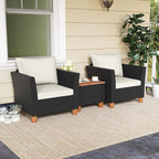 Tangkula 3 Pieces Patio Porch Furniture Set, PE Rattan Wicker Chair Conversation Set with Cushions and Storage Table, Outdoor Acacia Wood Bistro Set for Garden, Poolside (White)