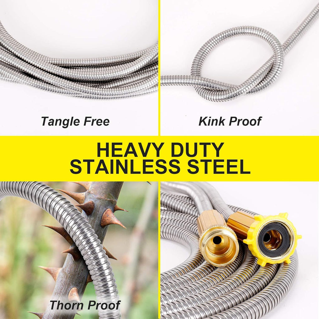 FOXEASE Metal Garden Hose 50FT - Stainless Steel Heavy Duty Water Hose with Metal Nozzle & 8 Function Sprayer, Portable & Lightweight Kink Free Yard Hose, Outdoor Hose