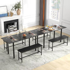 Giantex Dining Room Table Set for 4-6, 63” Extendable 3-Piece Dining Table Set with 2 Benches, Metal Frame, Dinette Table Set for Breakfast Nook, Kitchen Table Chairs (Black)