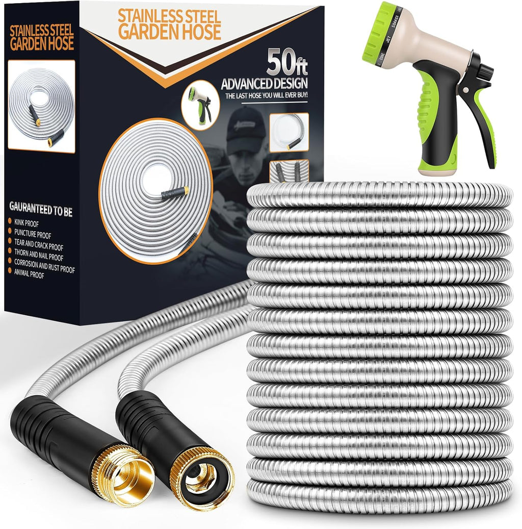 Garden Hose 50 ft, Stainless Steel Water Hose with 10 Function Nozzle Flexible, Heavy Duty, Lightweight, No-Kink, Pet Proof, Puncture Proof Hose Metal for Yard, Outdoor