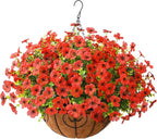 ZFProcess Artificial Faux Hanging Plants Flowers Basket Outdoor Porch Garden Spring Summer Decoration, Fake Silk Daisy in Planter Realistic UV Resistant for Outside Home Patio Balcony Yard(Red)