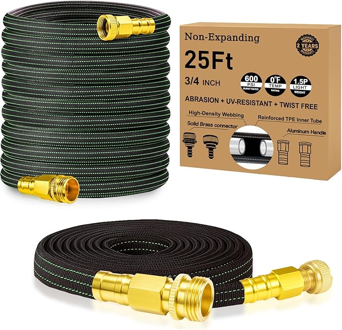 25FT Lightweight Flexible Garden Hose,Non-Slip Handles,Non-kink Hose,Solid Brass Fitting for Boats, RV Water Hose,Marine Washdown,Lawn,Garden,Leakproof TPE Hose (GreenBlack, 25 FT)