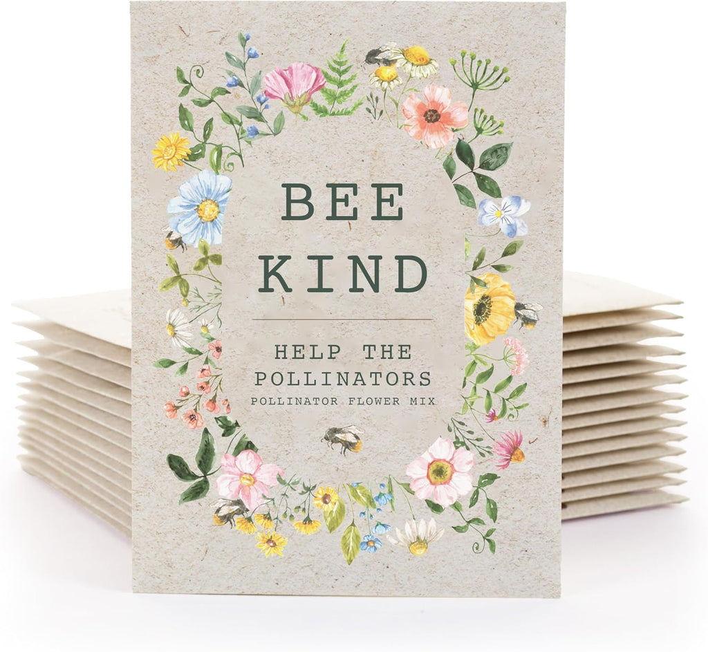 Bentley Seed Co. | Bee Kind Pollinator Flowers | Beautiful Bee Art Kraft Look Seed Packets | Environmental Favors Cards for Guests | Wildflower Mix Seed Packets | Eco-Friendly Hand Out Gift | 25 Pack