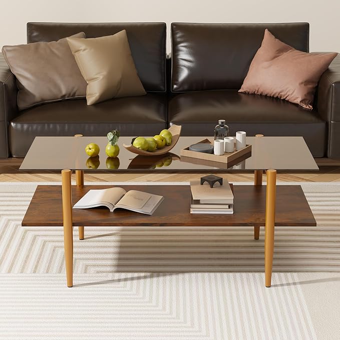 Glass Coffee Table, Rectangle Living Room Center Table with Golden Legs, Mid-Century Modern Accent Tables with Open Shelf for Living Room, Office, Brown
