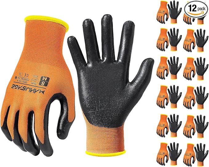 MANUSAGE Safety Work Gloves, Excellent Grip, Nylon Shell Foam Nitrile Palm Coated Working Gloves, Knit Wrist Cuff (Size XXL, Orange, 12-pairs) (N1558OXXL12)