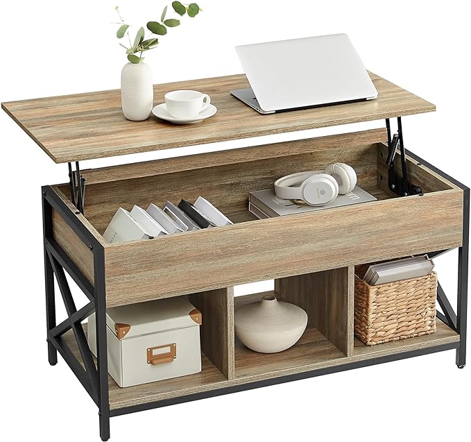 VASAGLE Lift Top Coffee Table, Lift Coffee Table with Storage Shelf, Hidden Compartments and Lifting Top, for Living Room, Office, 19.7 x 39.4 x (19.3-24.4) Inches, Oak with Blue Grains ULCT202B60