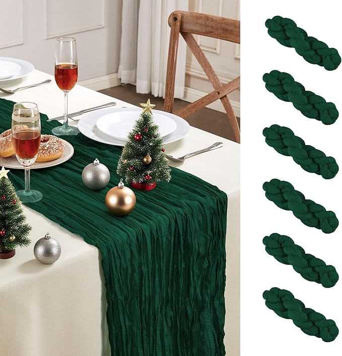 6 Pack Emerald Green Cheesecloth Table Runner 10FT Long Boho Gauze Table Runner Rustic Sheer Runner for Wedding Bridal Baby Shower Birthday Party Table Decor Fall Thanksgiving Christmas Decorations