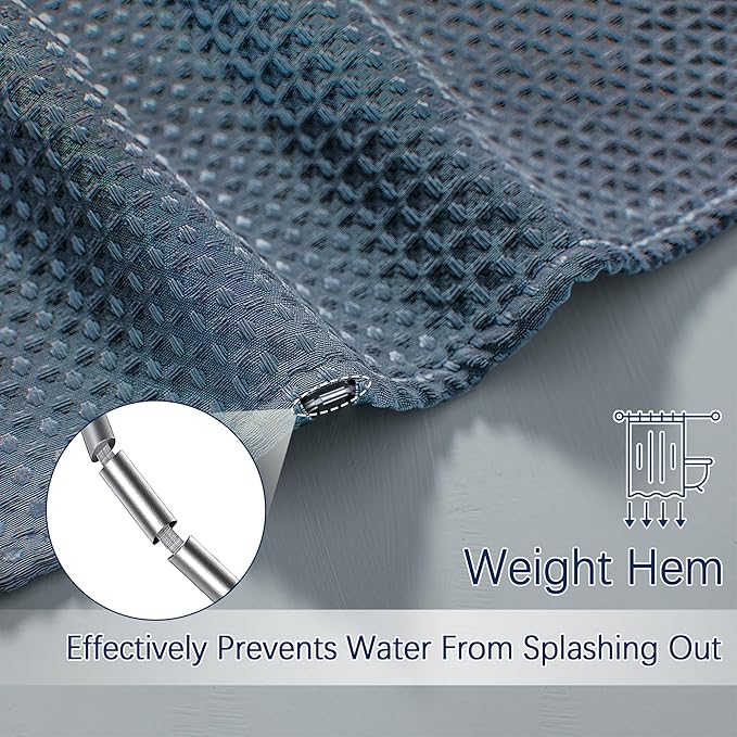 Navy Blue Shower Curtain Waffle Weave 60 Inches Heavy Fabric Duty Shower Curtains for Stall, Water Repellent 256GSM Weighted Modern Bathroom Shower Curtains with 10 Metal Hooks, 60Wx72H