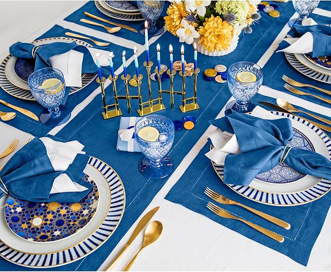 Solino Home Linen Indigo Blue Table Runner 144 Inches Long - 100% Pure Linen Extra Long Table Runner 14 x 144 Inch for Fall, Autumn - Classic Hemstitch
