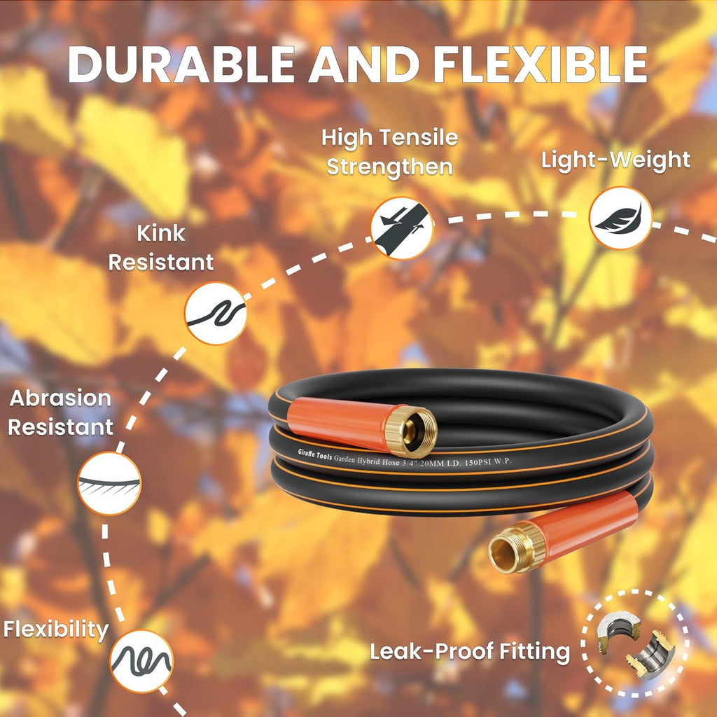 Giraffe Tools Garden Hose 25ft x 3/4", Heavy Duty Water Hose, Flexible, Hybrid Lightweight Hose with Swivel Handle, Male to Female Fittings, Burst 600 PSI