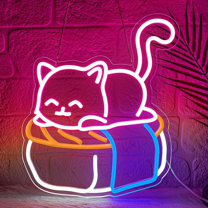 Cute Sushi Cat Neon Sign for Bedroom,Light Up Cat Sign for Pet Store Wall Decor,Kawaii LED Neon Light for Cat Sushi Lovers,Pink Cat Wall Sign for Girls Room,Animal Neon Light Up Wall Art