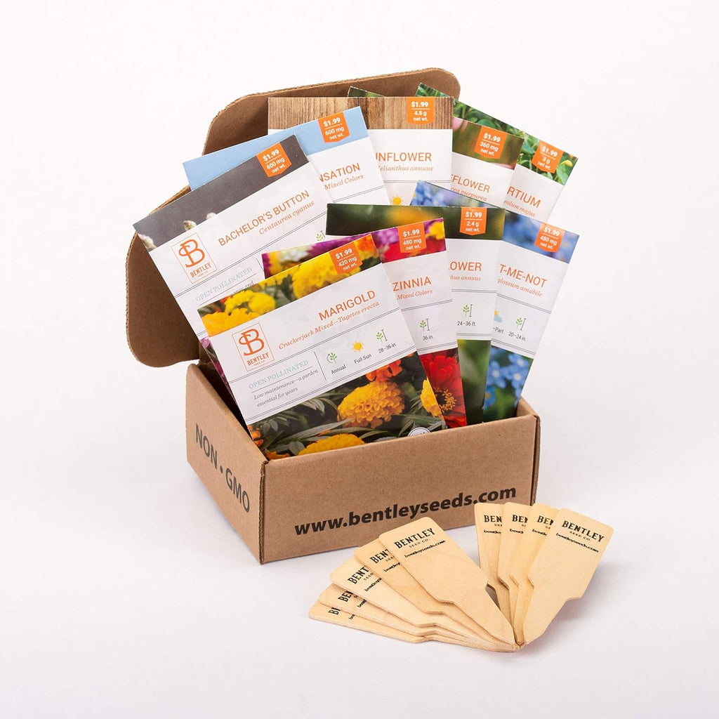 Seed Starter Kit – Flowers | Non-GMO | Heirloom Seed Packets | Natural Wood Row Markers