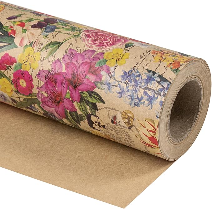 WRAPAHOLIC Kraft Floral Wrapping Paper Roll - Mini Roll - 17 Inch x 33 Feet - All Occasion Vintage Flower for Wedding Bridal Shower Birthday