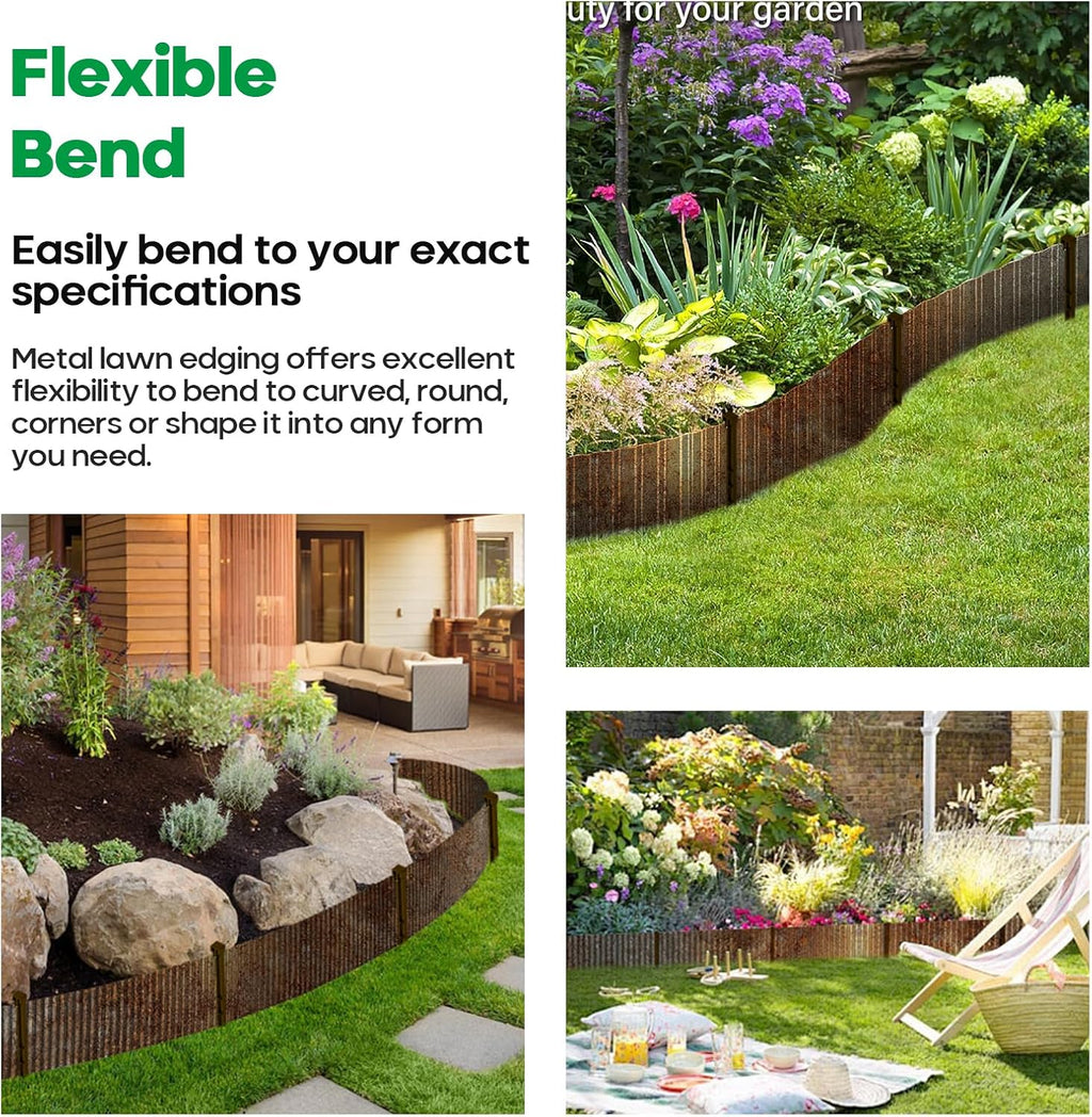 Corrugated Metal Garden Edging,Sturdy Tall Landscape Edging Borders with 6pcs Anchor Stakes, Perfect DIY for Flower Beds, Lawn and Pathway,Tree Surrounds,Paver Edges (Pre-Rusted 6"×20FT)
