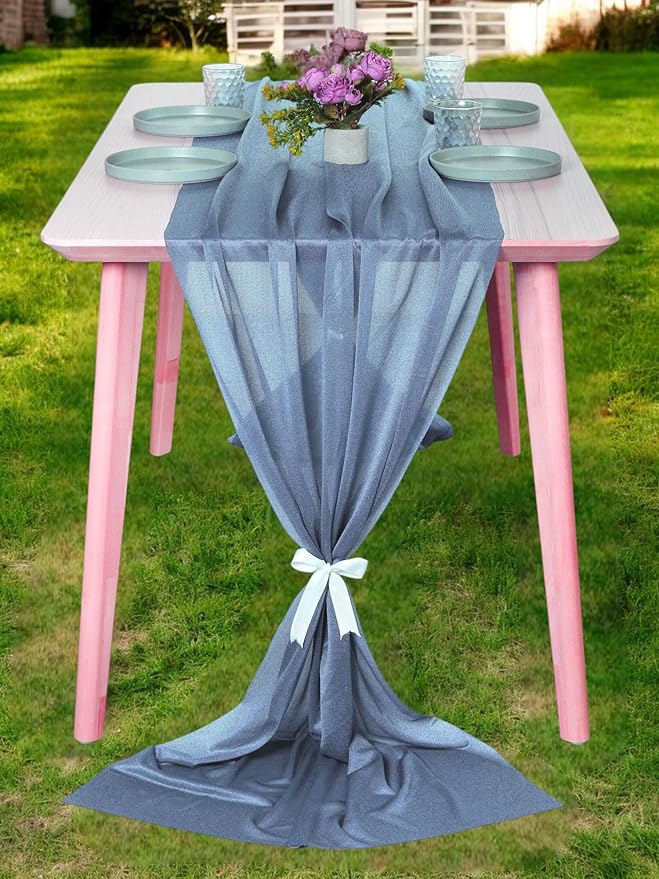 MDS 5 Pack 10ft Chiffon Table Runner 29 x 120 Inches Sheer Wedding Runner Romantic Rustic Table Runner for Wedding Decorations, Birthday Parties, Bridal Shower Party Arch Decor - Dusty Blue
