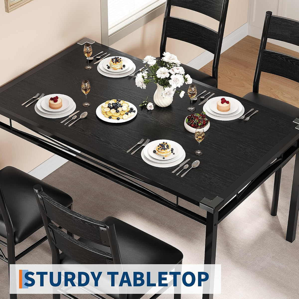 IDEALHOUSE Wood Dining Table Set for 4 with Corner Protector, Kitchen Table Chairs Set of 4 with Upholstered Chairs, Dining Room Table Set for 4, for Dining Room, Apartment,Retro Black
