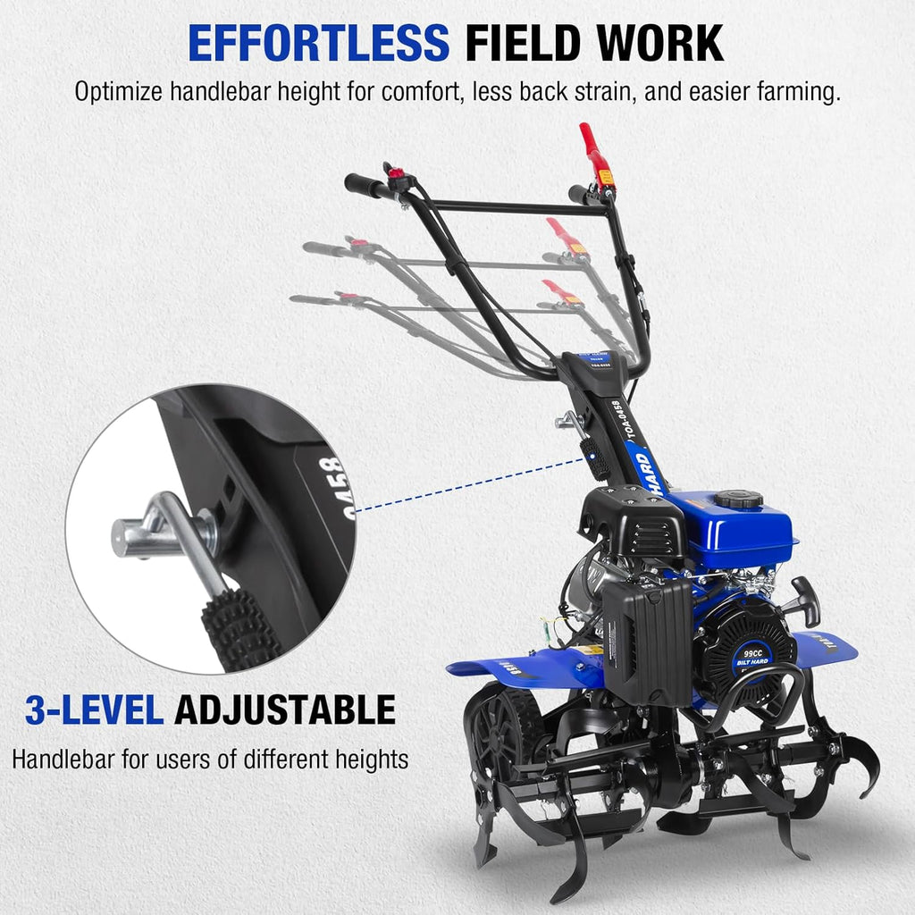 BILT HARD 24'' 99cc 4-Cycle Gas Tiller Cultivator, Variable Width Front Rotating Tines Tiller, 11.8'' Max Working Depth, Adjustable Handle & Wheels Rototiller for Weeding, Cultivating, Digging