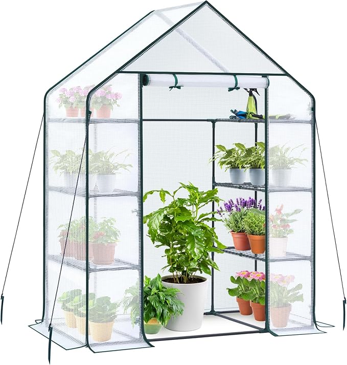 Ohuhu Small Greenhouse for Outdoors: 4 Tiers 6 Shelves Walk-in Indoor Green House Heavy Duty Plant Stands Reinforced Plastic PE Cover Mini Portable Warm House for Outside, 4.8x2.5x6.4 FT White