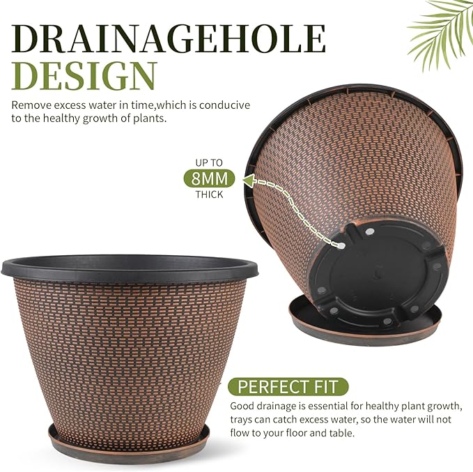 4 Pack 10 inch Plant Pot for Outdoor Indoor, Plastic Flower Pots with Drainage Holes & Saucers, Lightweight Large Outdoor Planter Pot, Imitation Knit Pots for Garden House Planters (Black Copper)