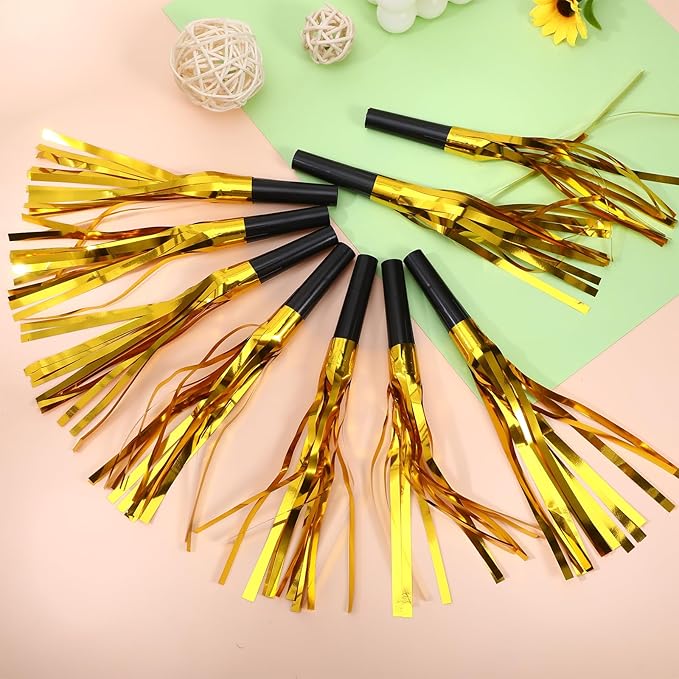 24 Pcs Party Horns, Party blowers Noise Makers, Graduation Noise Makers Glitter Metallic Fringed Birthday Blowers for Wedding Birthday Graduation Ceremony Festival (Gold)
