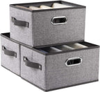 PRANDOM Fodable Storage Bins for Closet [3-Pack] Decorative Fabric Storage Baskets Cubes with Leather/Metal Handles for Shelves Bedroom Living Room Grey (11.5x8.5x6.7 Inch)