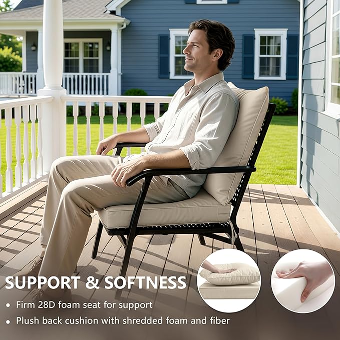 22x22 Inch Patio Chair Cushion with Removable Cover, Outdoor Furniture Cushion - Water-Repellent, Fade-Resistant, Non-Slip Bottom & Straps, Replacement for Lawn, Porch & Deck Chair - Cream