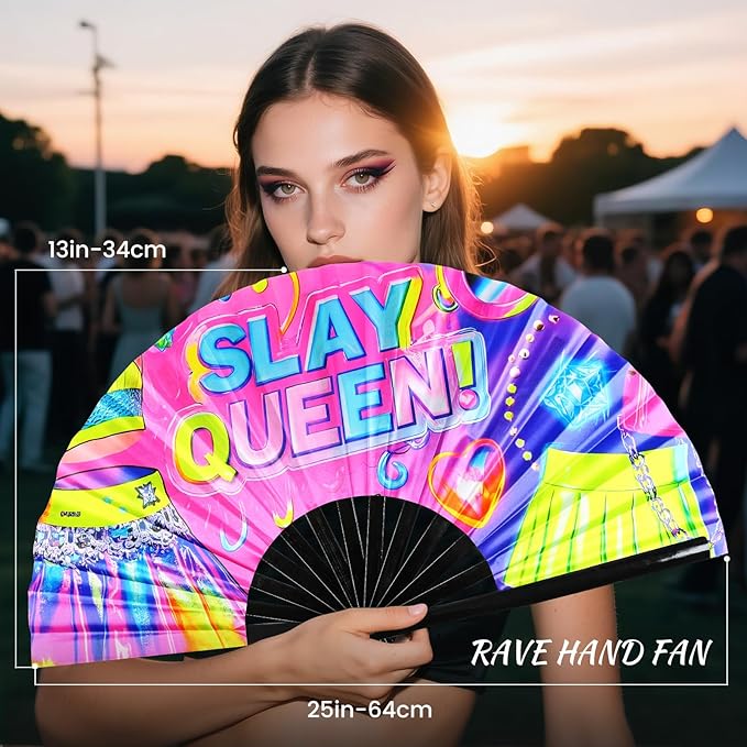 SYNTECSO Folding Hand Fan for Rave, Popping Fan for Line Dancing, Drag Queen, Women and Men Gift，Chinese Japanese UV Glow Clack Fan for Parties, Music Festivals, EDM and Decoration
