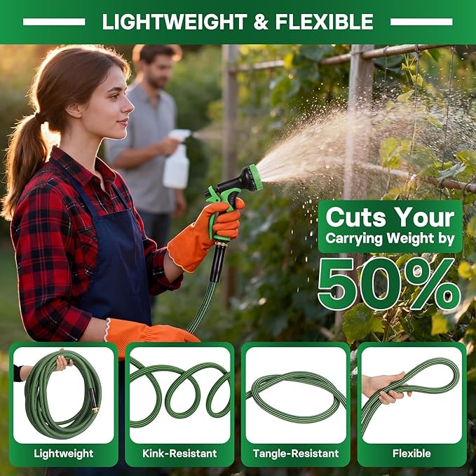 Garden Hose 25 ft Flexible Non-Expandable Water Hose Kink-Free Ultra Lightweight Leak-Proof Durable Portable Wear-Resistant Hoses Pipe with 3/4" Strong Fittings for Outdoor Yard Lawn Car Wash