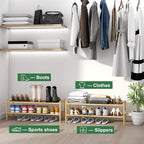Long Shoe Rack, 2-Tier Bamboo Wood Shoe Rack, Stackable for Closet, Entryway & Hallway