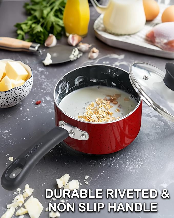 Cook N Home Non Stick Sauce Pan, 1 Quart Saucepan with Glass Lid, Nonstick Small Multi-purpose Pot, Milk Chocolate Aluminum Cooking Pot Pan with Stay-Cool Handle, Marble Red