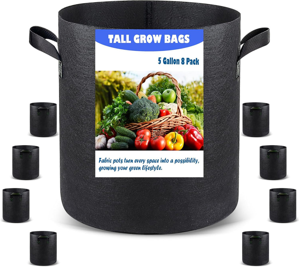 5 US Gallon 8 Pack Tall Grow Bags for Vegetables, Heavy Duty Nonwoven Aeration Fabric Deep Grow Pots with Handles