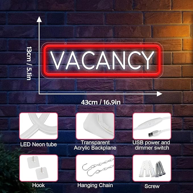 Vacancy Neon Sign, Neon Sign For Business Hotel Hostel Sign Room Vacancy Sign Wall Decor Artled Bar Sign Backdrop Lights Led Business Signs Creative Neon Lights Signs Usb Powered