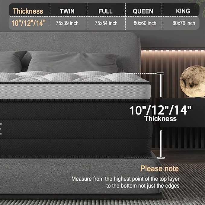 Full Size Mattress, 12 Inch Hybrid Mattress in a Box with Individual Pocket Spring, Gel Memory Foam and Euro Top, Medium Firm Feel with Motion Isolation, Pressure Relief, Edge Support, Black