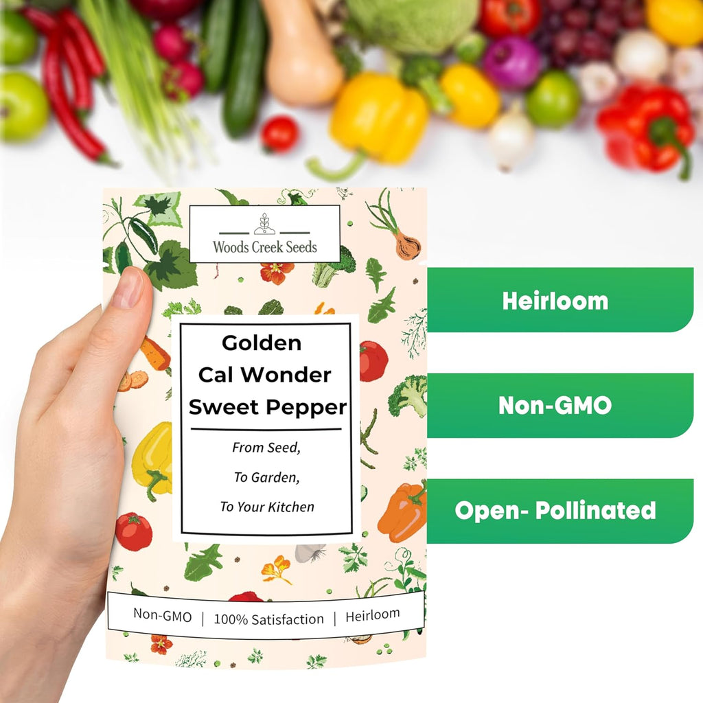 Woods Creek Seeds: Golden Cal Wonder Sweet Pepper Seeds for Planting - Non-GMO and Heirloom Bell Pepper Seeds for Planting Outdoors or Indoors for Home Plant Gardens - Sweet Golden Bell Peppers Seed