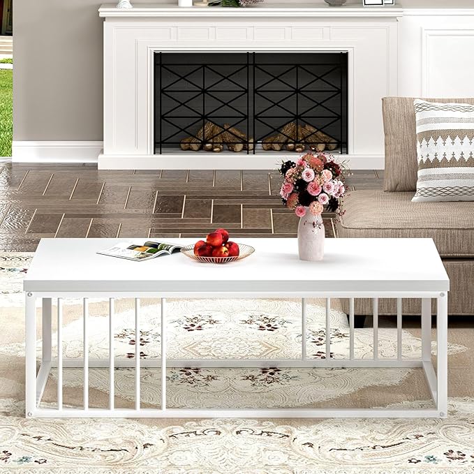 FOLUBAN White Coffee Table, Modern Rustic Wood and Metal Center Table, Industrial Rectangle Cocktail Tea Table for Living Room, White, 43.3 Inch