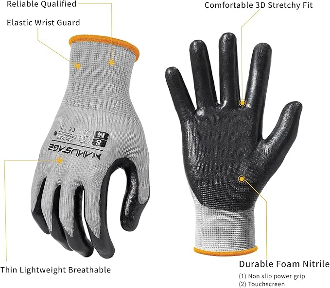 MANUSAGE Safety Work Gloves Nitrile For Men and Women, with Touchscreen Fingers, Men's Work Gloves with Grip, Mechanics Gloves (Size-M, Grey, 6 Pairs)