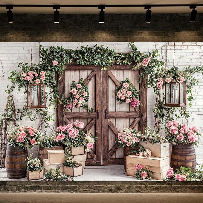 6x4ft Country Wedding Photography Backdrop Floral Rustic Roses Farmhouse Wooden Door Backdrop Pink Flower Birthday Baby Shower Wedding Bridal Party Banner Photo Booth Props Anniversary Background