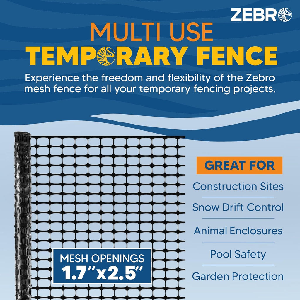 ZEBRO 4' x 100' Black Plastic Garden Fence Roll – Light Duty Mesh Fencing for Temporary Fence, Snow, Garden Netting, Animal Barrier, Agricultural Fencing & Lawn Protection