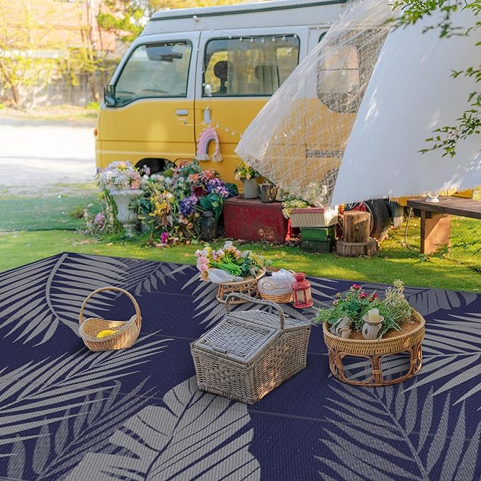 GENIMO Outdoor Rug 10' x 14' Waterproof for Patios Clearance, Reversible Outdoor Plastic Straw Camping Rug Carpet, Large Area Rugs Mats for RV, Camper, Deck, Balcony, Porch, Beach, Navy Blue&Grey