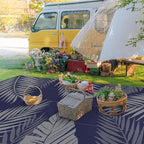 GENIMO Outdoor Rug 10' x 14' Waterproof for Patios Clearance, Reversible Outdoor Plastic Straw Camping Rug Carpet, Large Area Rugs Mats for RV, Camper, Deck, Balcony, Porch, Beach, Navy Blue&Grey