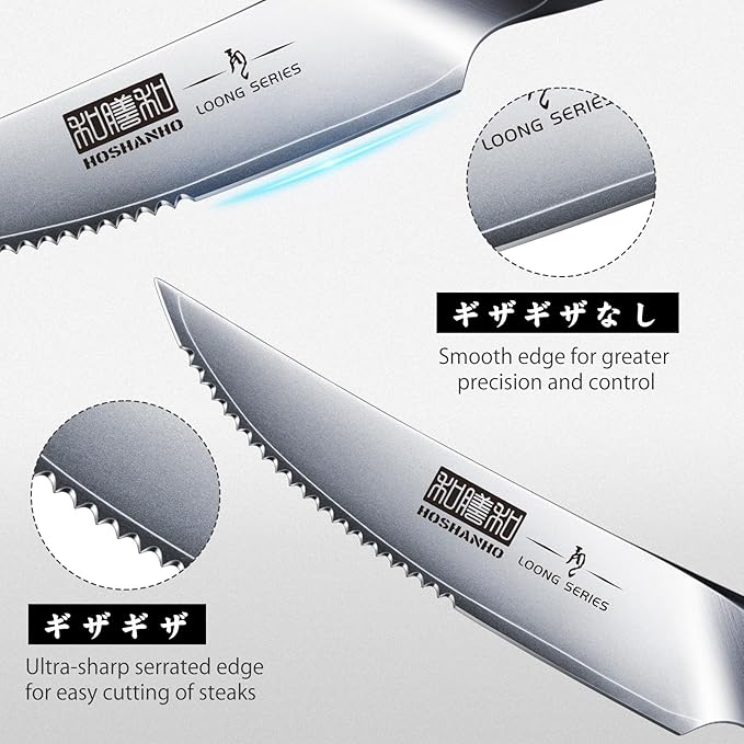 Steak Knives Set of 7, 4.5 Inch Serrated Steak Knife Set with Block, Japanese High Carbon Steel Kitchen Steak Knives with Ergonomic Handle