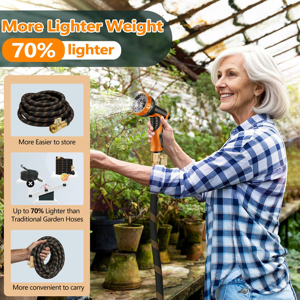 Flexible Garden Hose 100 FT, Ultra Lightweight Water Hoses w/10 Function Sprayer and 3/4" Brass Fittings, Kink-Free, Sturdy, Abrasion Resistant for Yard, Lawn, Outdoor and Gardening(Black Orange)