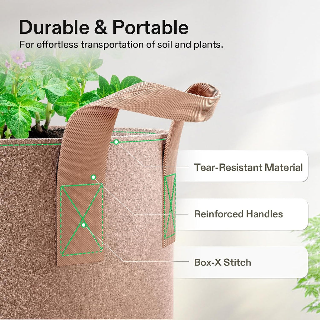 VIVOSUN 5-Pack 20 Gallons Grow Bags Heavy Duty Thickened Nonwoven Fabric Pots with Strap Handles Tan
