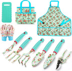 Garden Tools Set, JUMPHIGH 10 PCS Heavy Duty Gardening Tools Includes Hand Trowel Rake Weeder Pruner, Gardening Gifts for Women, Garden Kit with Tote Bag, Apron, Gloves, Kneeling Pad