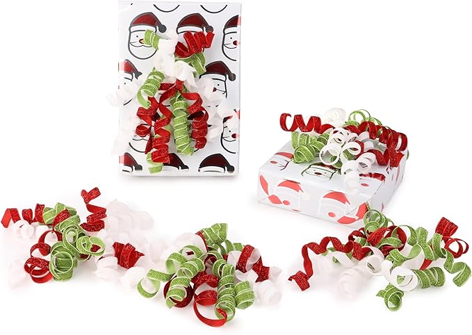 6" Metallic Glitter Red and Lime Green Self Adhesive Curly Ribbon Gift Wrap Bows for Christmas, Holiday, Birthday, Wedding, Presents, Party Favors Decorations 6-Count